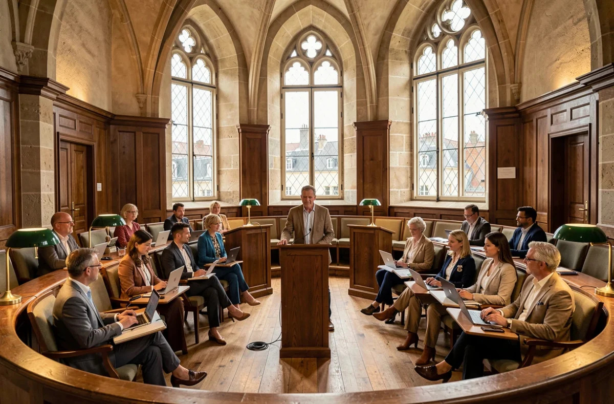 Cours magistral de formation continue à l'Université de Tours avec des adultes professionnels dans un amphithéâtre historique