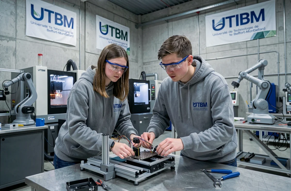 Étudiants en ingénierie manipulant un robot dans les ateliers technologiques de l'UTBM à Belfort-Montbéliard
