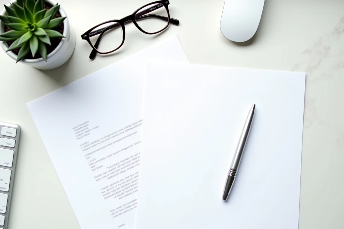 Vue de dessus d'un CV format suisse et d'une lettre de motivation imprimés posés côte à côte sur un bureau blanc avec un stylo argenté