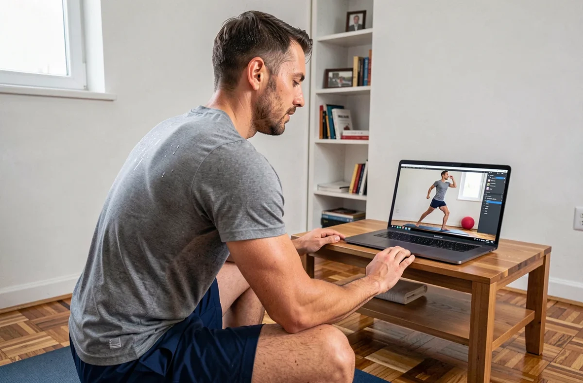 Homme suivant un cours de Zumba en ligne sur ordinateur portable dans son appartement, tapis de sport au sol et posture de danse latine